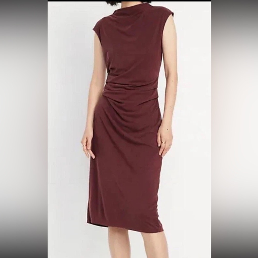 Old Navy Ruched Midi Mock Neck Dress Cherry Bark Dress